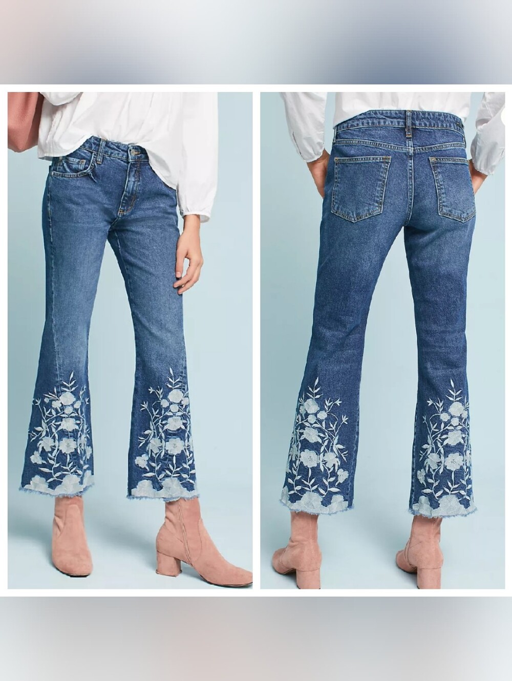 Pilcro Blue Denim Jeans with White Floral Embroidery - Picture 3 of 16